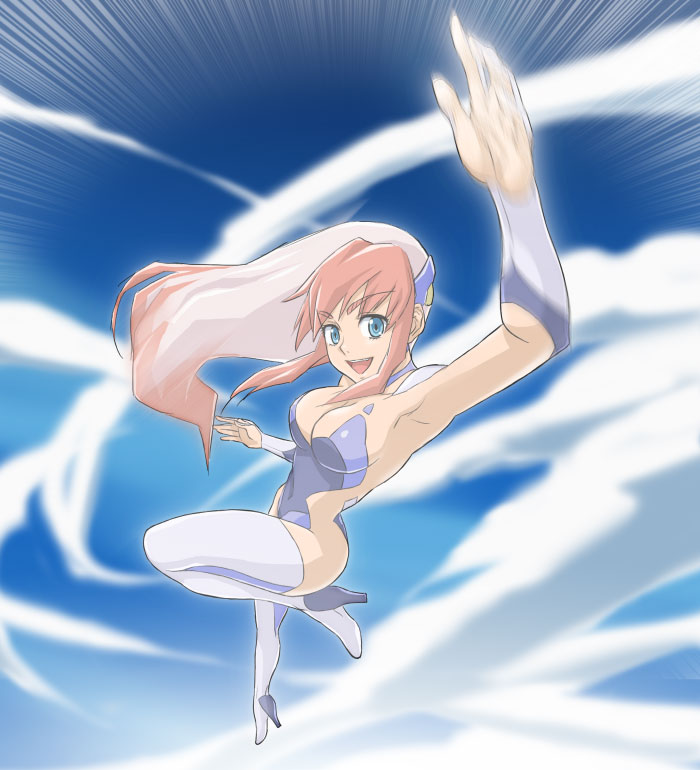 hajime (caramel toone), birdy cephon altera, tetsuwan birdy, tetsuwan birdy decode, 00s, 1girl, armpits, blue eyes, boots, breasts, cleavage, colored bangs, female focus, leotard, multicolored hair, skin tight, smile, solo, thigh boots, thighhighs