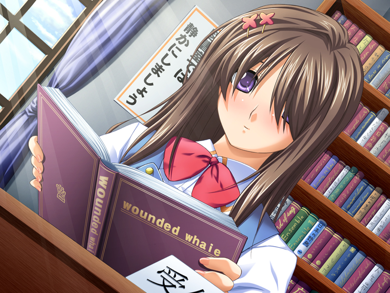 bomi, mino wakaba, sim love ~hitonatsu no kiseki~, game cg, 1girl, black hair, blush, book, bookshelf, bow, bowtie, curtains, dutch angle, female focus, fingernails, hair ornament, hair over one eye, hairclip, library, light rays, long fingernails, long hair, nail (hardware), nail polish, open book, purple eyes, reading, school uniform, serafuku, smile, solo, sunbeam, sunlight, window
