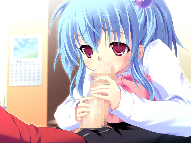 oohama akihito, kuonji mao, sortieange mahou club, game cg, 1girl, blue hair, blush, calendar (object), censored, fellatio, hair ornament, handjob, indoors, mosaic censoring, oral, penis, red eyes, room, solo focus, sweatdrop, two-handed handjob