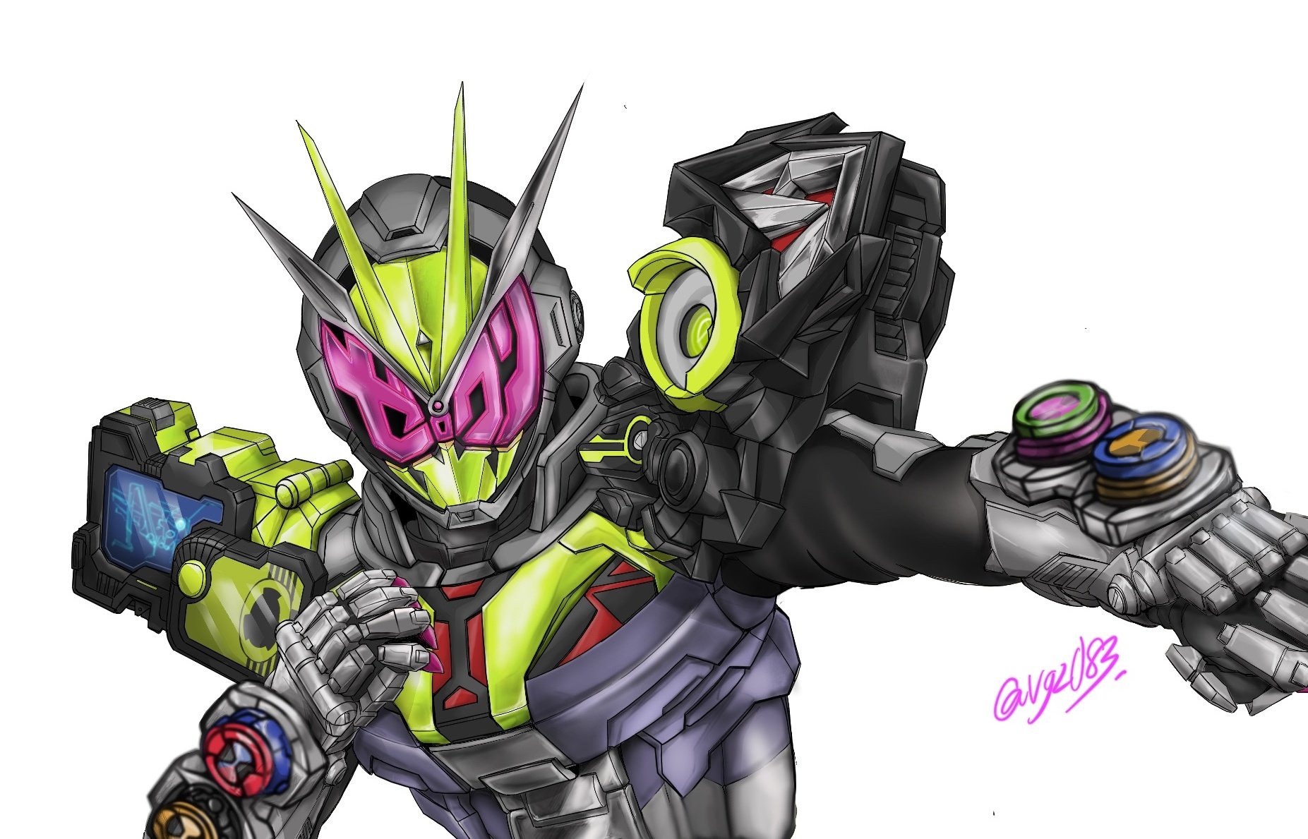 vgz083, kamen rider zi-o, kamen rider, kamen rider zi-o (series), highres, clenched hand, male focus, signature, simple background, tokusatsu, upper body, white background