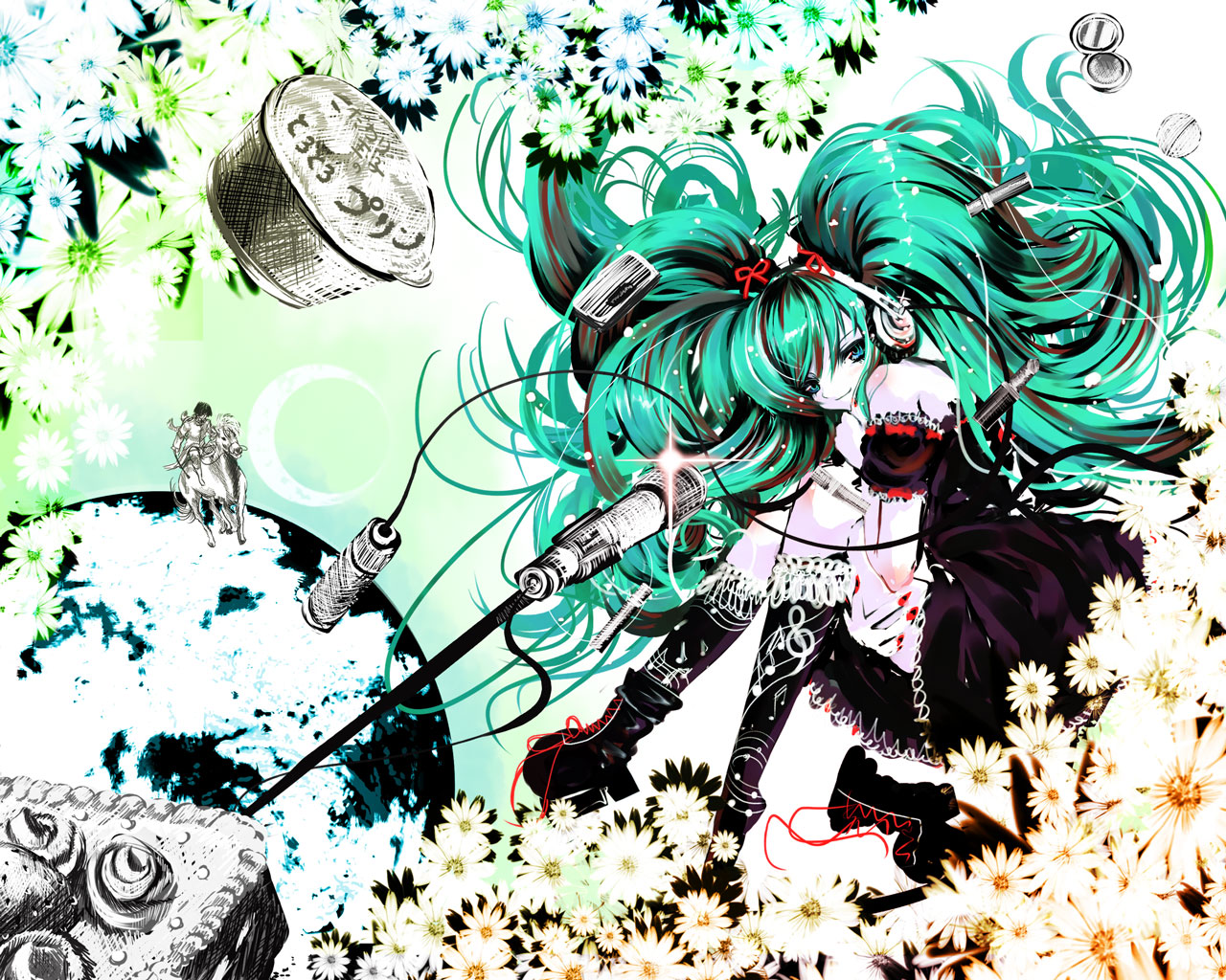cura, hatsune miku, vocaloid, bad id, bad pixiv id, 1girl, female focus, flower, green hair, long hair, microphone, solo, very long hair, yamaha