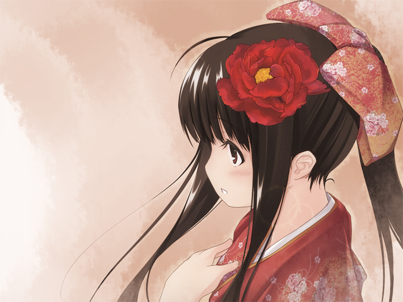 nasu shizuku, boku ga sadame kimi ni wa tsubasa wo, game cg, 1girl, camellia, female focus, flower, hair flower, hair ornament, japanese clothes, kimono, long hair, profile, solo