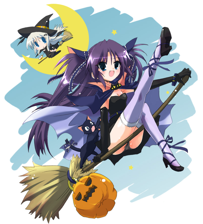 hizuki yayoi, noumi kudryavka, sasasegawa sasami, sasasegawa sasami (cat), little busters!, bad id, bad pixiv id, 2girls, black panties, broom, broom riding, cat, dual persona, halloween, jack-o'-lantern, multiple girls, panties, pantyshot, pumpkin, sidesaddle, thighhighs, underwear, witch