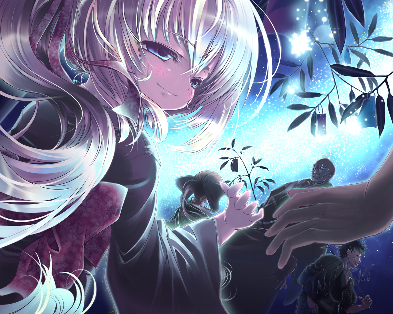 cura, lo (gothic delusion), flat (company), gothic delusion, bad id, bad pixiv id, character request, 2boys, 2girls, blue eyes, blush, child, festival, japanese clothes, long hair, multiple boys, multiple girls, obi, ponytail, sash, solo focus, white hair