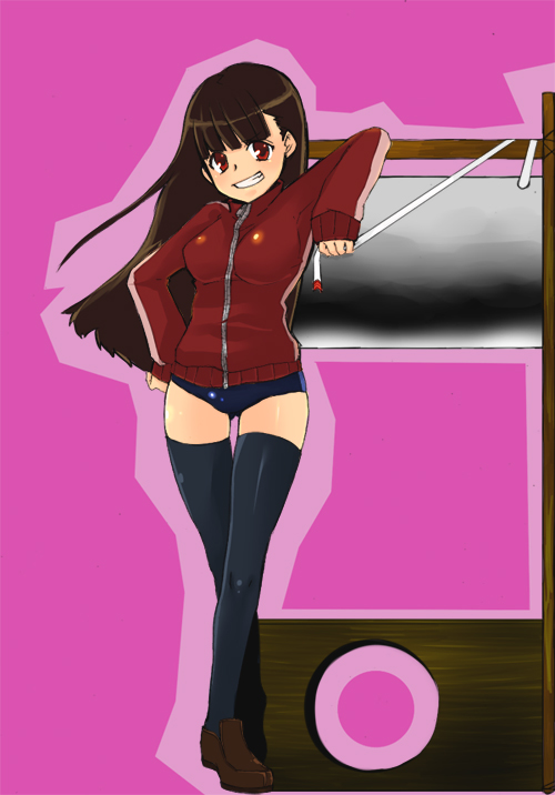 chako nejio, bad id, bad pixiv id, 1girl, brown hair, buruma, female focus, guillotine, gym uniform, long hair, red eyes, solo, thighhighs