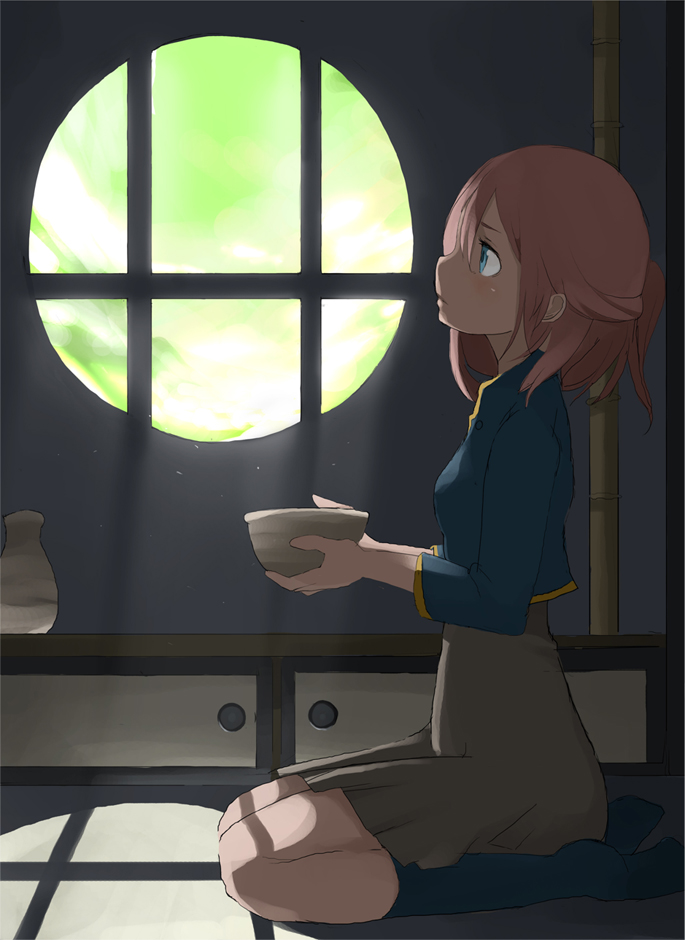 tansuke, takagi (tansuke), original, 1girl, blue eyes, cup, female focus, flat chest, kneeling, light rays, pink hair, profile, round window, seiza, sitting, skirt, socks, solo, sunbeam, sunlight, window, window shadow