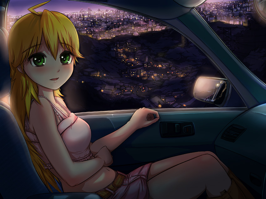 maruwa tarou, hoshii miki, idolmaster, idolmaster (classic), idolmaster 1, 00s, 1girl, blonde hair, blush, car, car interior, city lights, female focus, green eyes, long hair, midriff, motor vehicle, pov, right-hand drive, skirt, solo