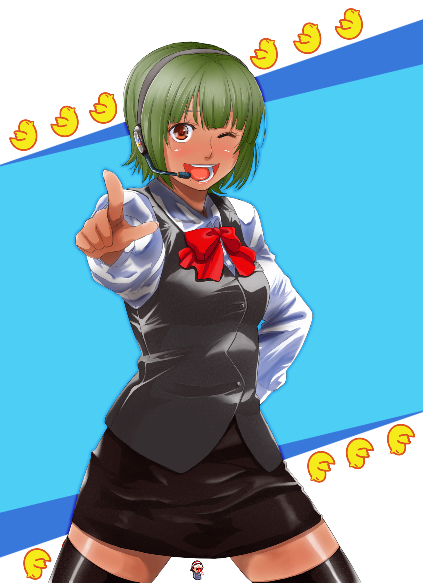 azusa (hws), shiba (pixiv244), otonashi kotori, idolmaster, idolmaster (classic), idolmaster 1, colorized, highres, 00s, 1girl, blood, brown eyes, dark-skinned female, dark skin, female focus, green hair, happy, microphone, nosebleed, one eye closed, pencil skirt, short hair, skirt, solo, tan, thighhighs, wink, zettai ryouiki
