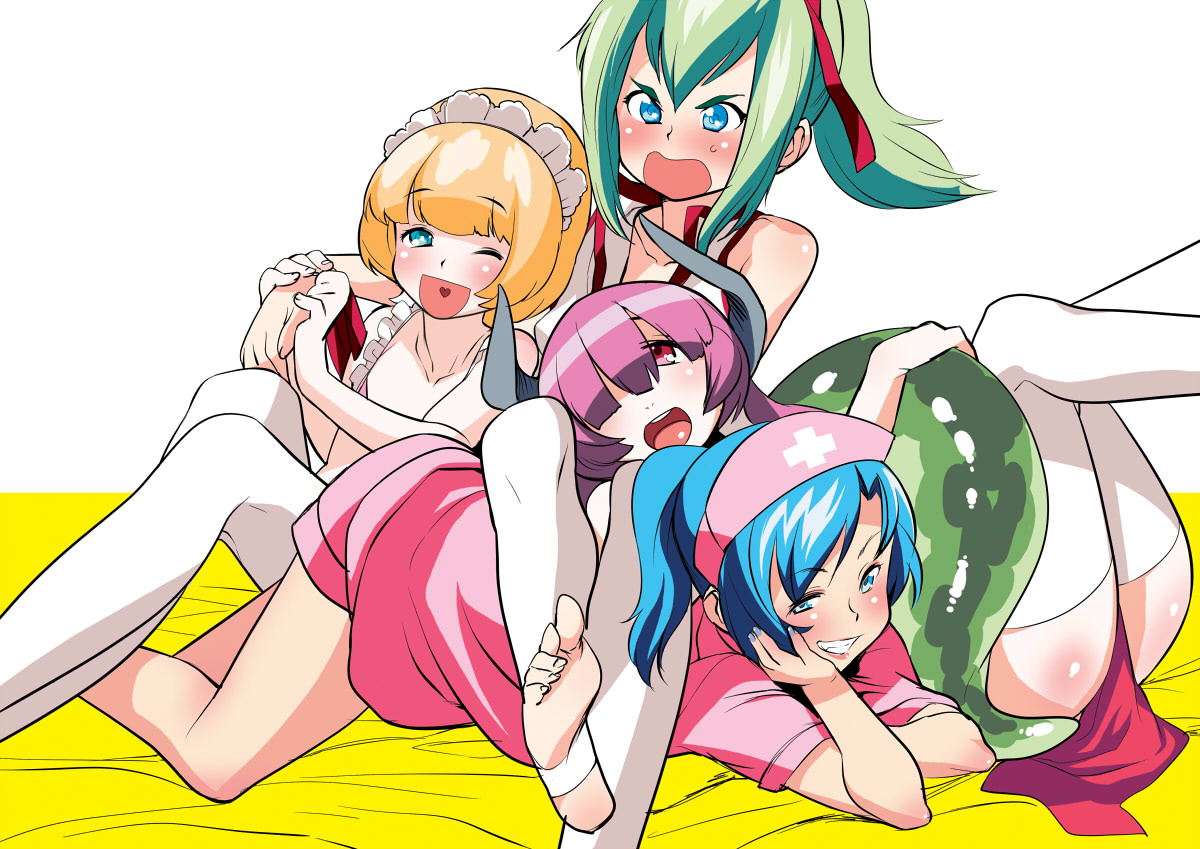 mario (mario portal), bad id, bad pixiv id, 4girls, barefoot, blonde hair, blue hair, demon, feet, green hair, grin, hair over one eye, horns, lying, maid, multiple girls, nurse, one eye closed, purple hair, smile, soles, thighhighs, toeless legwear, toes, wink