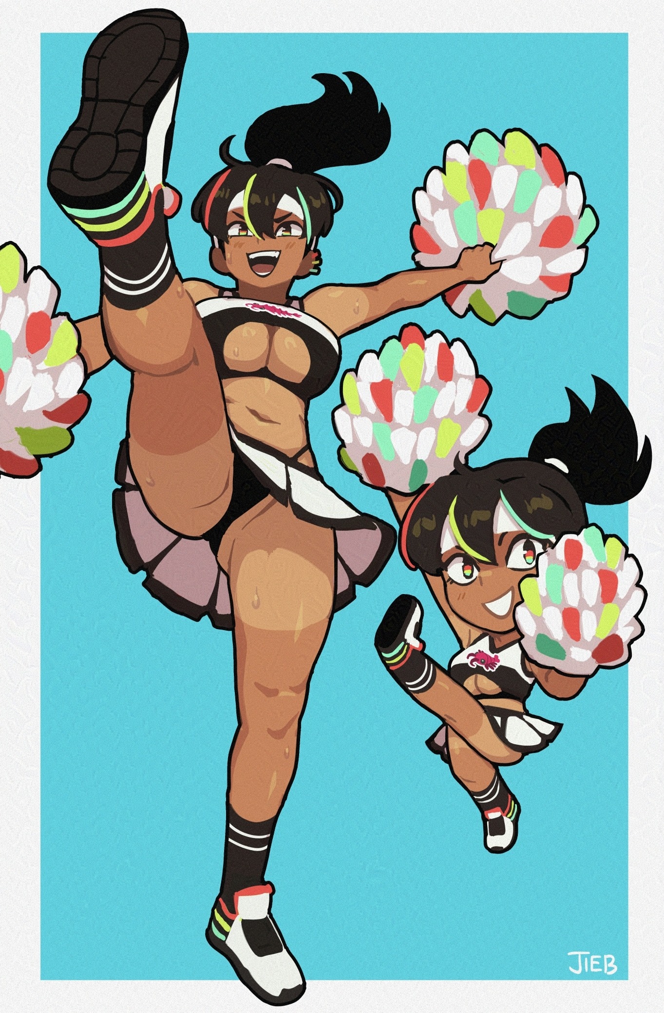 the jieb, yeet-chan (the jieb), original, highres, 1girl, anomalocaris, aqua hair, black hair, black panties, black socks, blue background, border, breasts, cheerleader, chibi, chibi inset, clothing cutout, dark-skinned female, dark skin, ear piercing, eyelashes, green hair, headband, holding, holding pom poms, leg up, midriff, multicolored hair, open mouth, panties, piercing, pom pom (cheerleading), pom poms, ponytail, red hair, shiny skin, shoes, simple background, skirt, sleeveless, smile, socks, streaked hair, sweat, tan, tanline, teeth, underboob cutout, underwear, upper teeth only, v-shaped eyebrows, white border, white headband, white shoes, white skirt