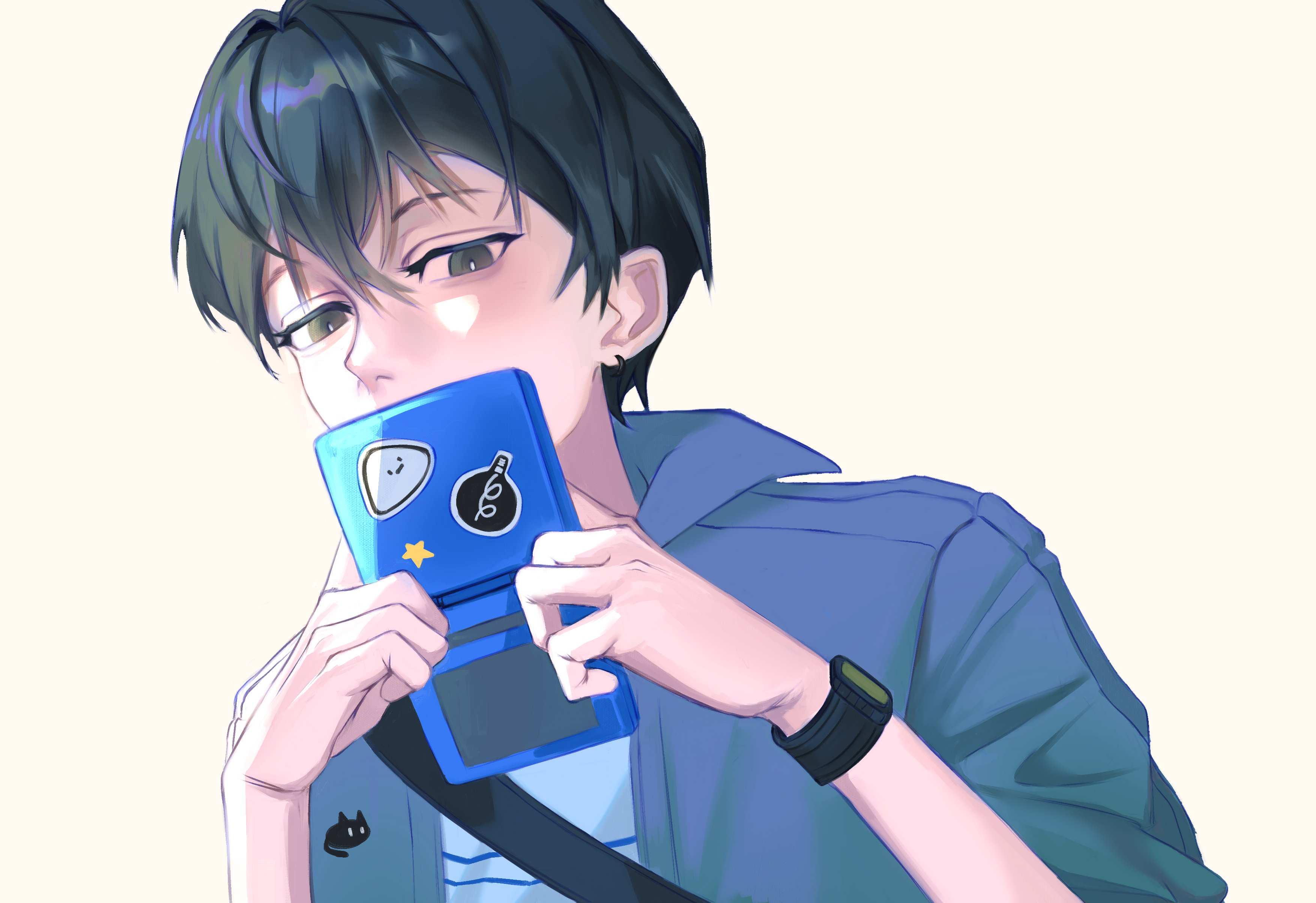futo (tofuutoufofuto), hector (omori), mewo, sunny (birthday) (omori), sunny (omori), omori, absurdres, hashtag-only commentary, highres, 1boy, aegyo sal, bag, black bag, black eyes, black hair, blue jacket, blue shirt, bright pupils, collared jacket, covered mouth, double-parted bangs, ear piercing, from below, hair behind ear, hair between eyes, hair intakes, holding, holding phone, jacket, looking at viewer, male focus, official alternate costume, open clothes, open jacket, phone, piercing, portrait, shirt, short-sleeved jacket, short hair, short sleeves, shoulder bag, simple background, solo, star (symbol), striped clothes, striped shirt, two-tone shirt, very short hair, watch, white pupils, white shirt, wristwatch, yellow background
