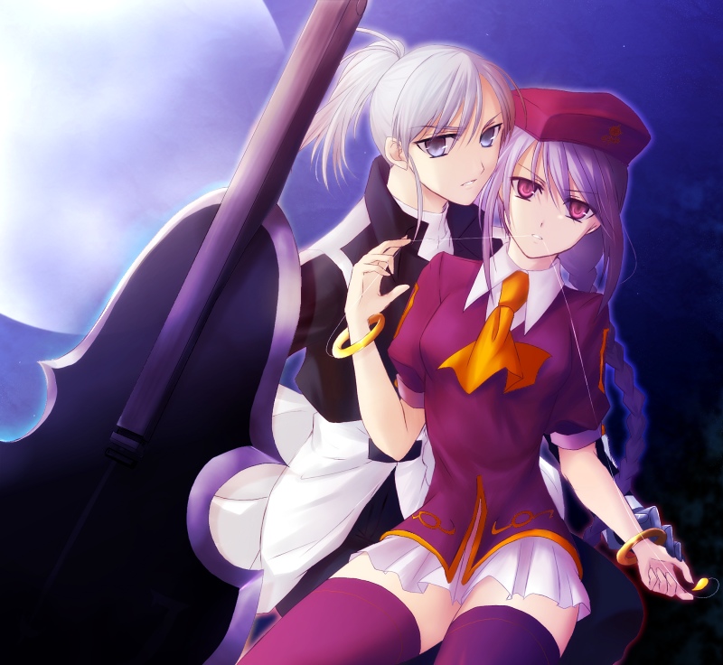 akiha, akiha (ominaeshi), riesbyfe stridberg, sion eltnam (type-moon), sion eltnam atlasia, melty blood, tsukihime, bad id, bad pixiv id, 00s, 2girls, multiple girls, pile bunker, thighhighs, true apocrypha, weapon, yuri