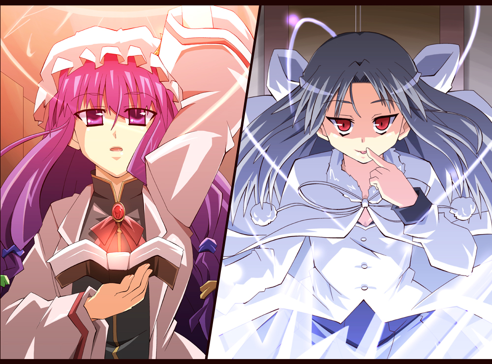 shin'ya (nanp), patchouli knowledge, white len (tsukihime), melty blood, touhou, tsukihime, type-moon, silver hair, 00s, 2girls, :o, ascot, blunt bangs, book, crossover, frills, hat, holding, holding book, long hair, long sleeves, looking at viewer, mob cap, multiple girls, parted lips, red eyes, split screen, upper body, very long hair