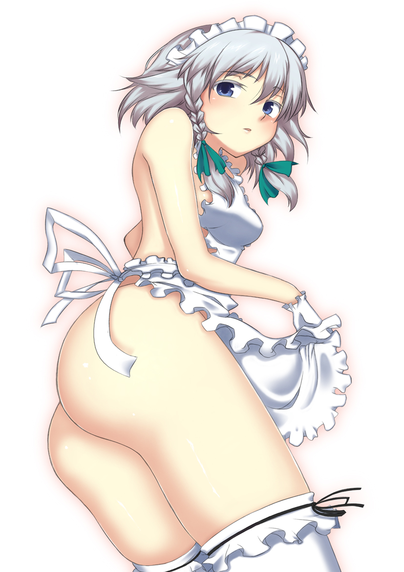 uro (urotanc), izayoi sakuya, touhou, silver hair, 1girl, apron, ass, blue eyes, blush, braid, female focus, gloves, hair ribbon, maid, maid apron, naked apron, ribbon, socks, solo, thighhighs, twin braids, white socks, white thighhighs