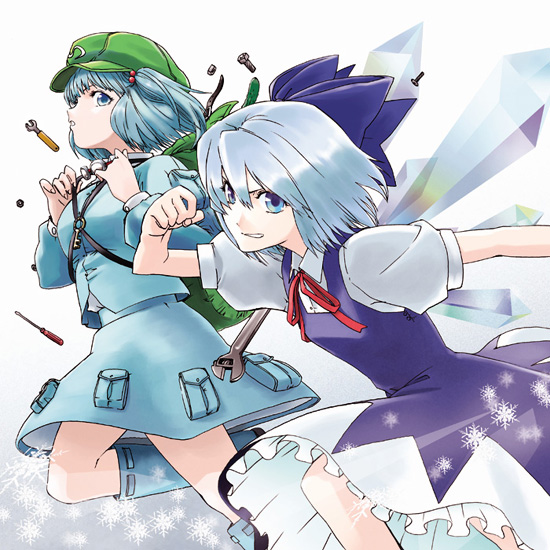 ak2, cirno, kawashiro nitori, touhou, 2girls, blue eyes, blue hair, female focus, hat, multiple girls, ribbon, two side up, wings