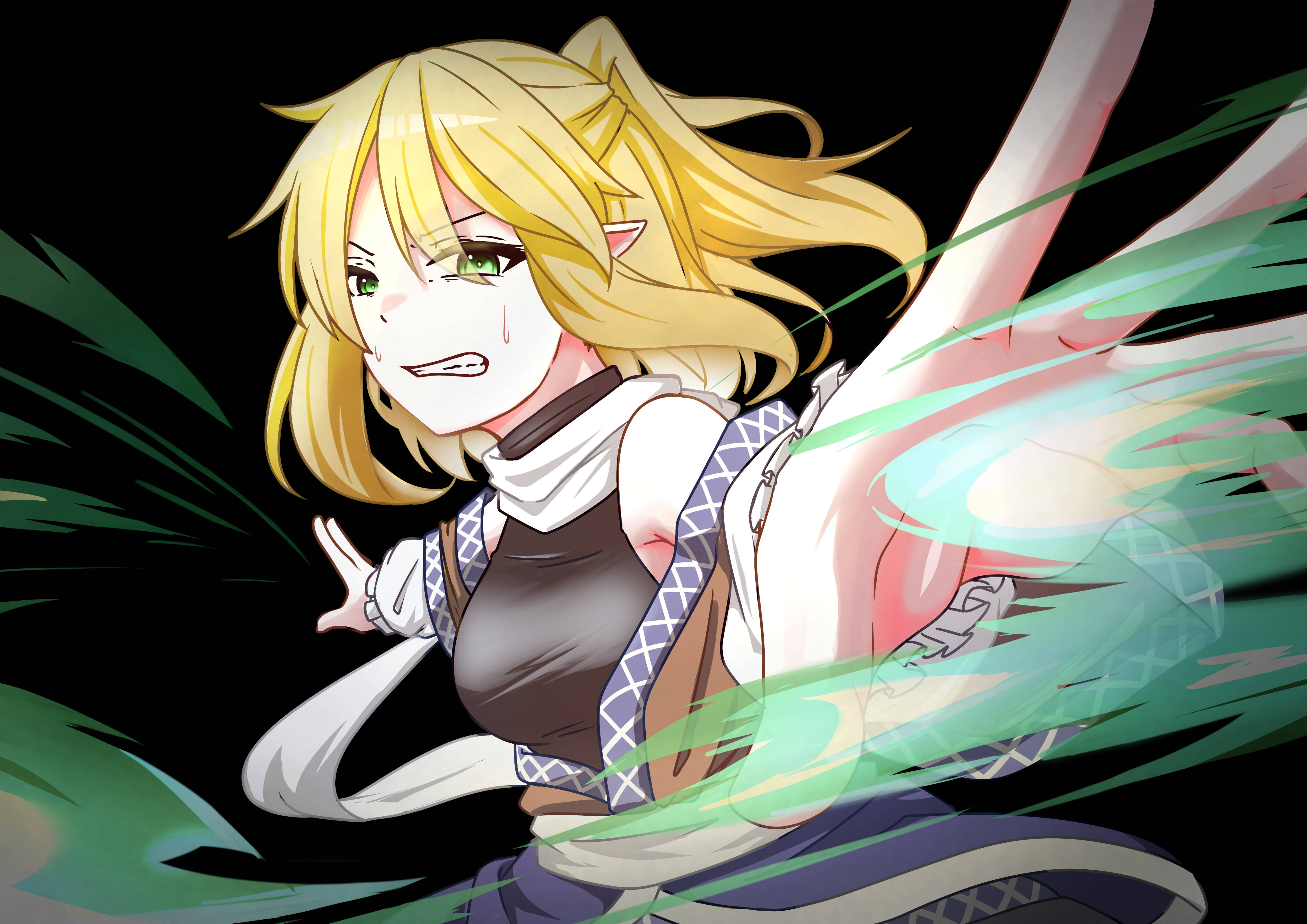 suirium0723, mizuhashi parsee, touhou, absurdres, commentary request, highres, 1girl, arm warmers, black background, black shirt, blonde hair, breasts, brown shirt, clenched teeth, green eyes, half updo, high ponytail, looking at viewer, medium breasts, medium hair, ponytail, sash, scarf, shirt, short sleeves, solo, teeth, undershirt, upper body, white sash, white scarf