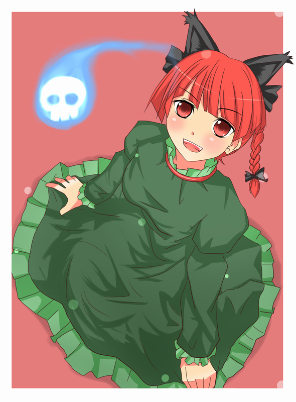 meso-meso, meso (pixiv), kaenbyou rin, touhou, bad id, 1girl, animal ears, braid, cat ears, cat girl, female focus, red eyes, red hair, solo, twin braids