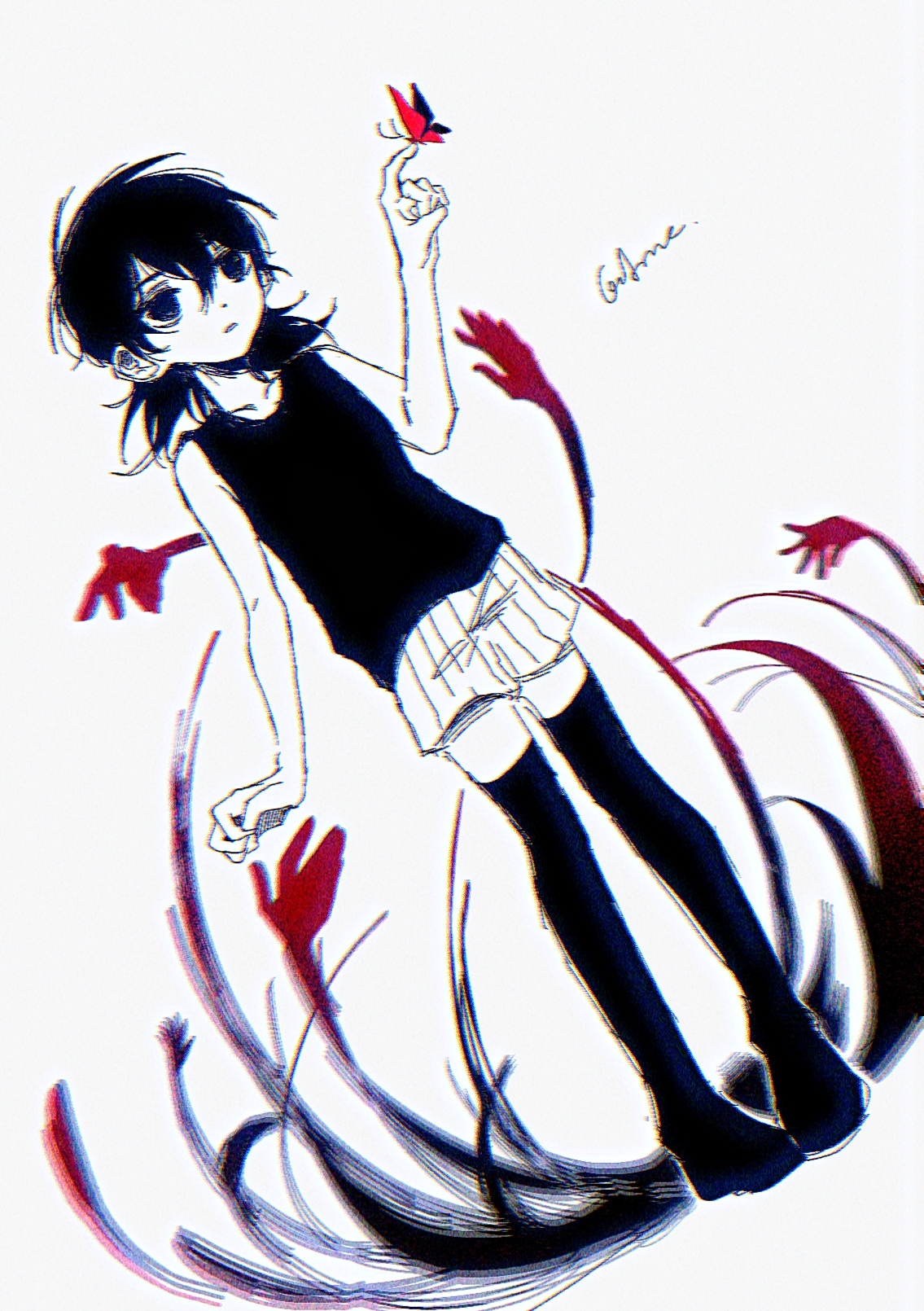 gaks030, omori (omori), omori, highres, 1girl, black eyes, black hair, black tank top, black thighhighs, collarbone, genderswap, genderswap (mtf), low twintails, parted lips, short hair, short twintails, shorts, solo, tank top, thighhighs, twintails, white shorts