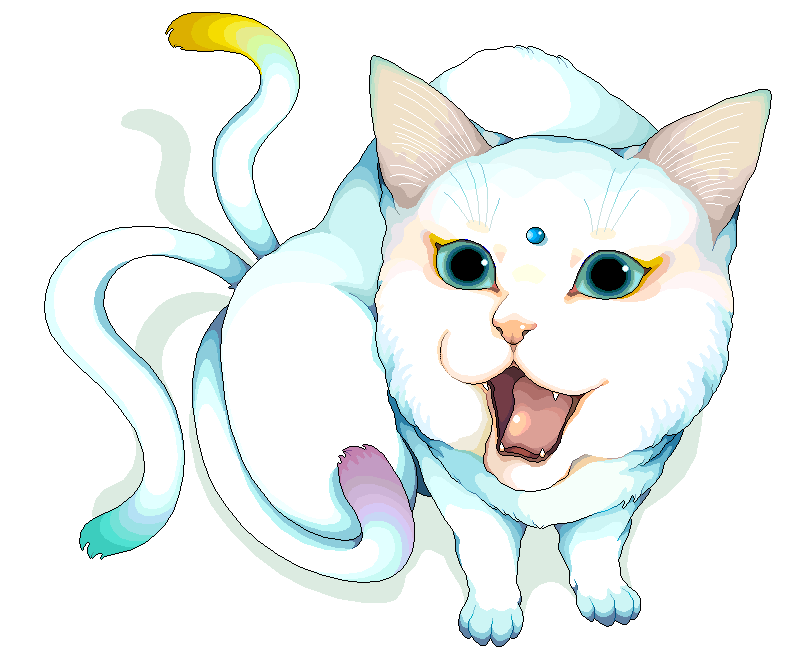murata (bakeneko soudou), animal, animal focus, bindi, blue eyes, cat, fang, fangs, gem, multiple tails, nekomata, no humans, open mouth, tail