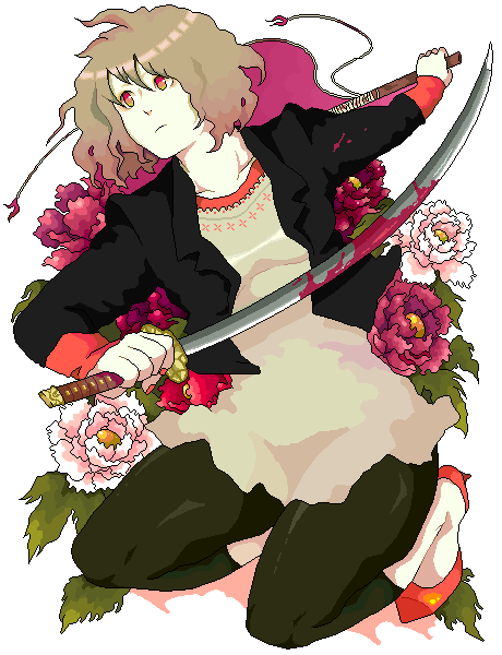 murata (bakeneko soudou), original, black leggings, blazer, blood, brown hair, dress, flower, footless tights, high heels, jacket, katana, leggings, red eyes, red shoes, shoes, solo, sword, weapon