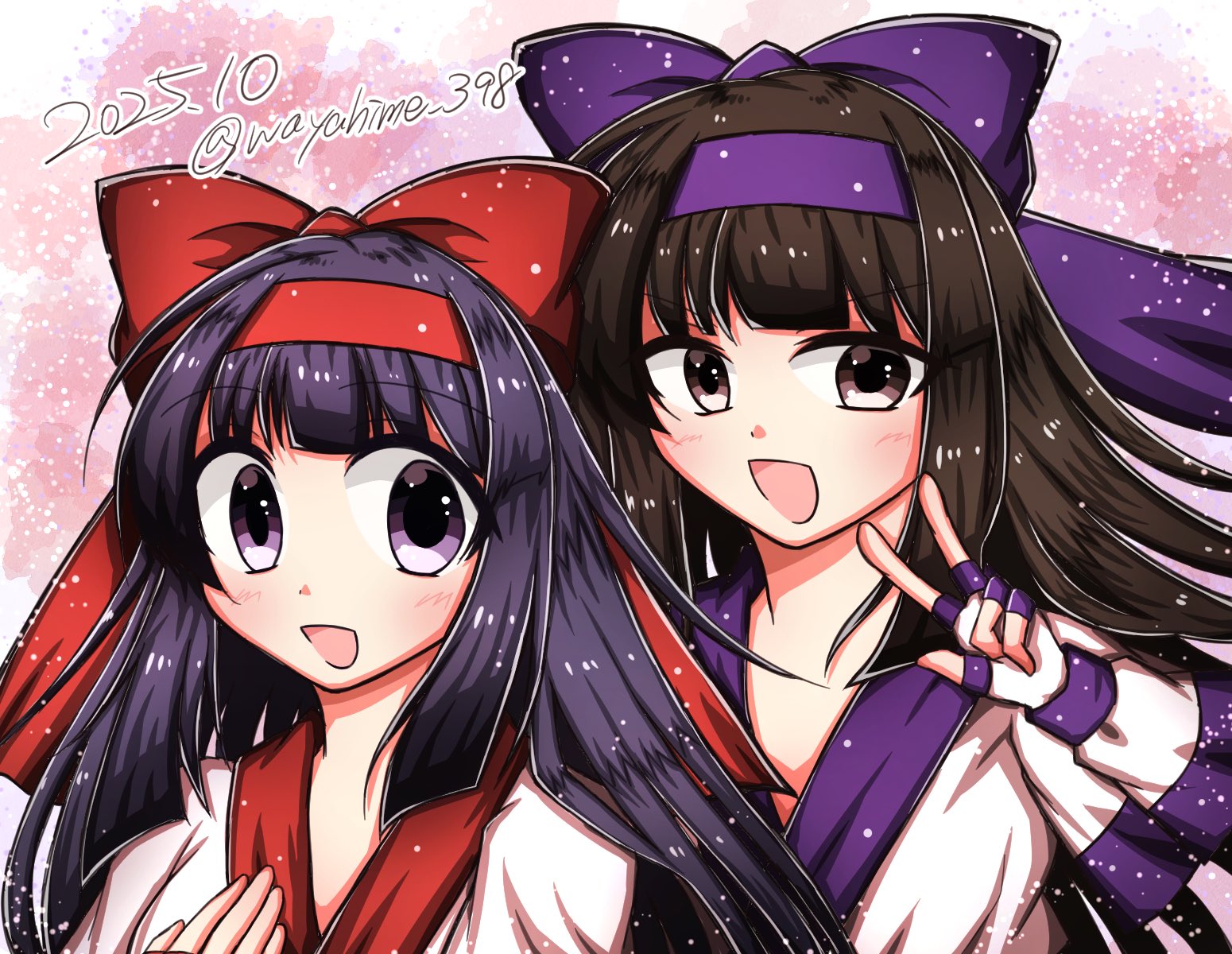 murasaki nakoruru, nakoruru, samurai spirits, snk, highres, 2girls, ainu clothes, artist name, breasts, brown eyes, brown hair, dated, dual persona, fingerless gloves, gloves, hair ribbon, hand on own chest, long hair, medium breasts, multiple girls, open mouth, purple eyes, purple hair, ribbon, smile, tongue, v