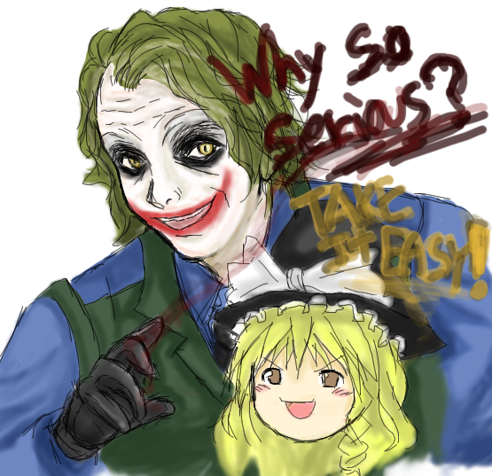 reibu, kirisame marisa, the joker, batman (series), dc comics, the dark knight, touhou, 1boy, animification, crossover, english text, hat, makeup, male focus, smile, trait connection, why so serious, yukkuri shiteitte ne