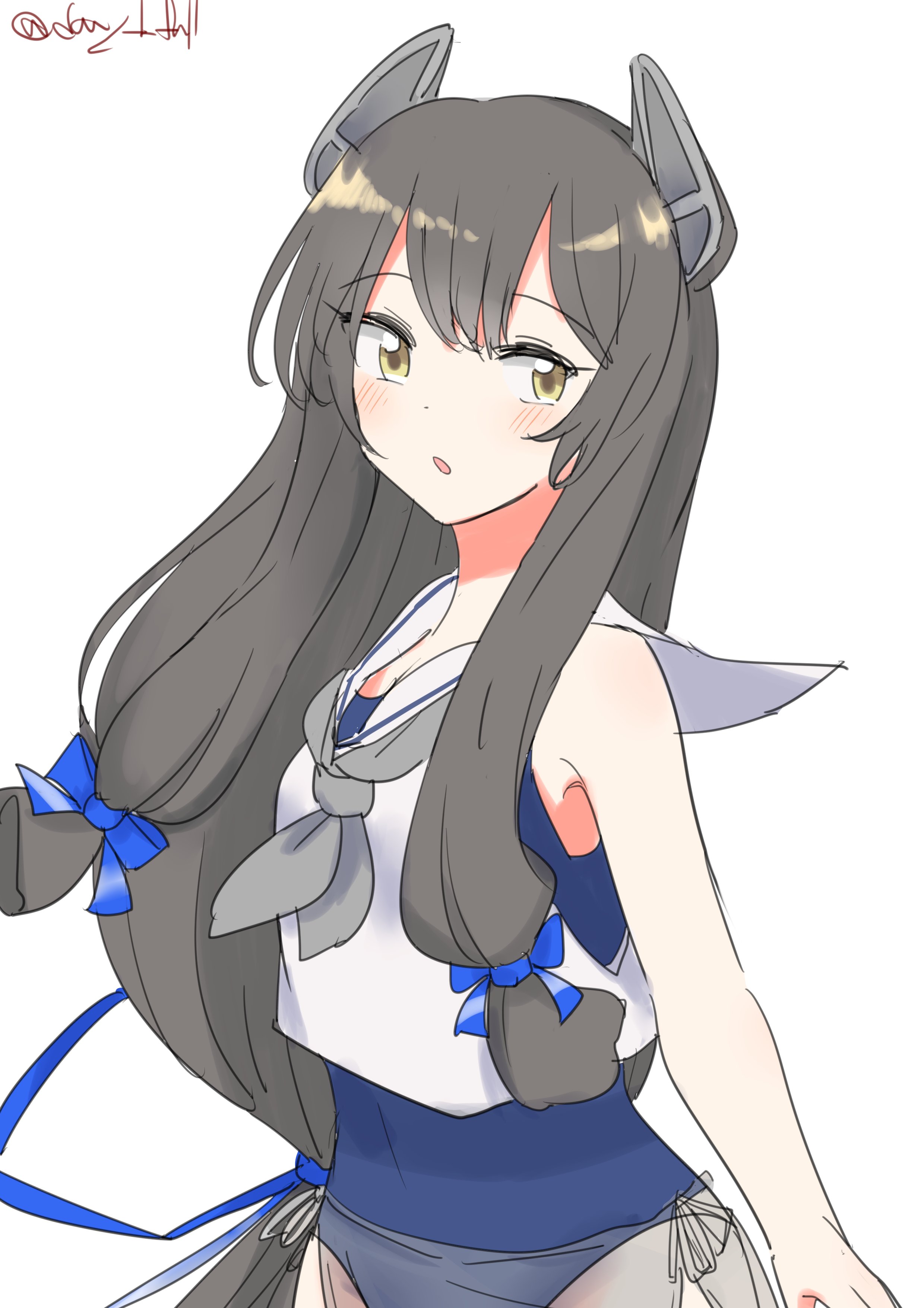 robinson (day l full), i-47 (kancolle), kantai collection, absurdres, highres, 1girl, black hair, blue one-piece swimsuit, blush, green eyes, hair between eyes, hair ribbon, headgear, long hair, low-tied long hair, neckerchief, one-piece swimsuit, open mouth, ribbon, sailor collar, see-through clothes, see-through skirt, skirt, smile, solo, swimsuit, swimsuit under clothes, tress ribbon, twitter username, upper body, white neckerchief, white sailor collar
