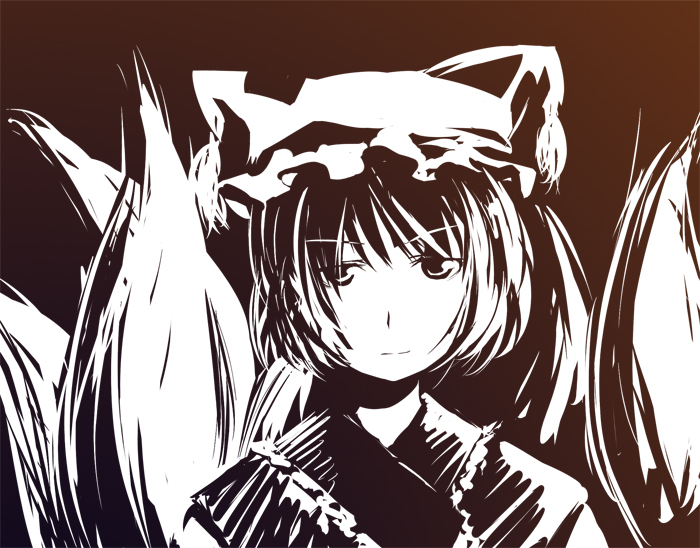 kusaba, kusaba (kusabashiki), yakumo ran, touhou, 1girl, animal hat, brown background, brown theme, female focus, fox tail, frilled hat, frills, hat, looking at viewer, mob cap, monochrome, multiple tails, short hair, simple background, solo, tail, tassel, upper body, white theme