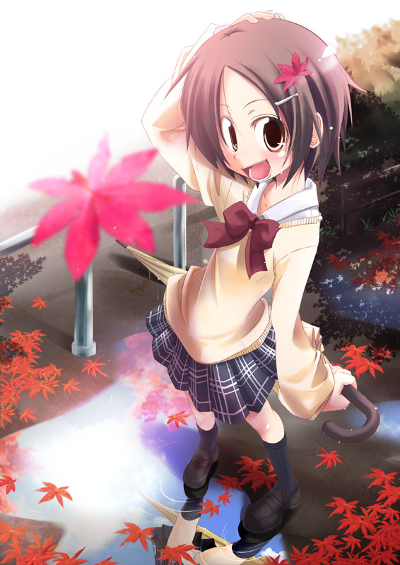 kazekawa nagi, original, brown eyes, brown hair, hair ornament, hairclip, panties, reflection, reflective water, school uniform, serafuku, short hair, skirt, socks, solo, sweater, umbrella, underwear, water
