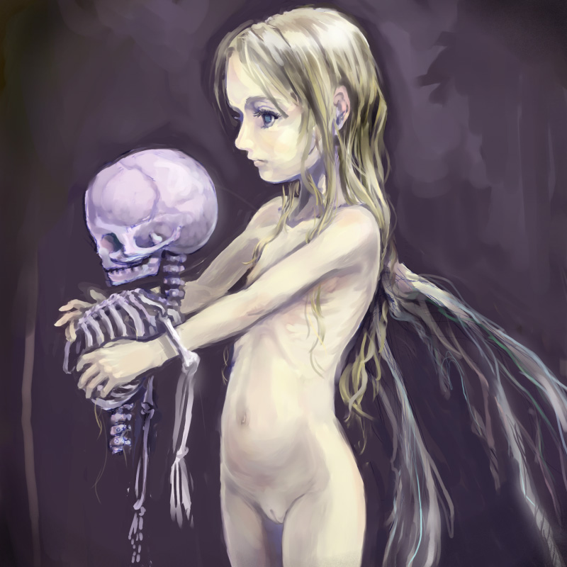 densen maniya, 1girl, blonde hair, blue eyes, loli, nude, pussy, skeleton, skull, wings