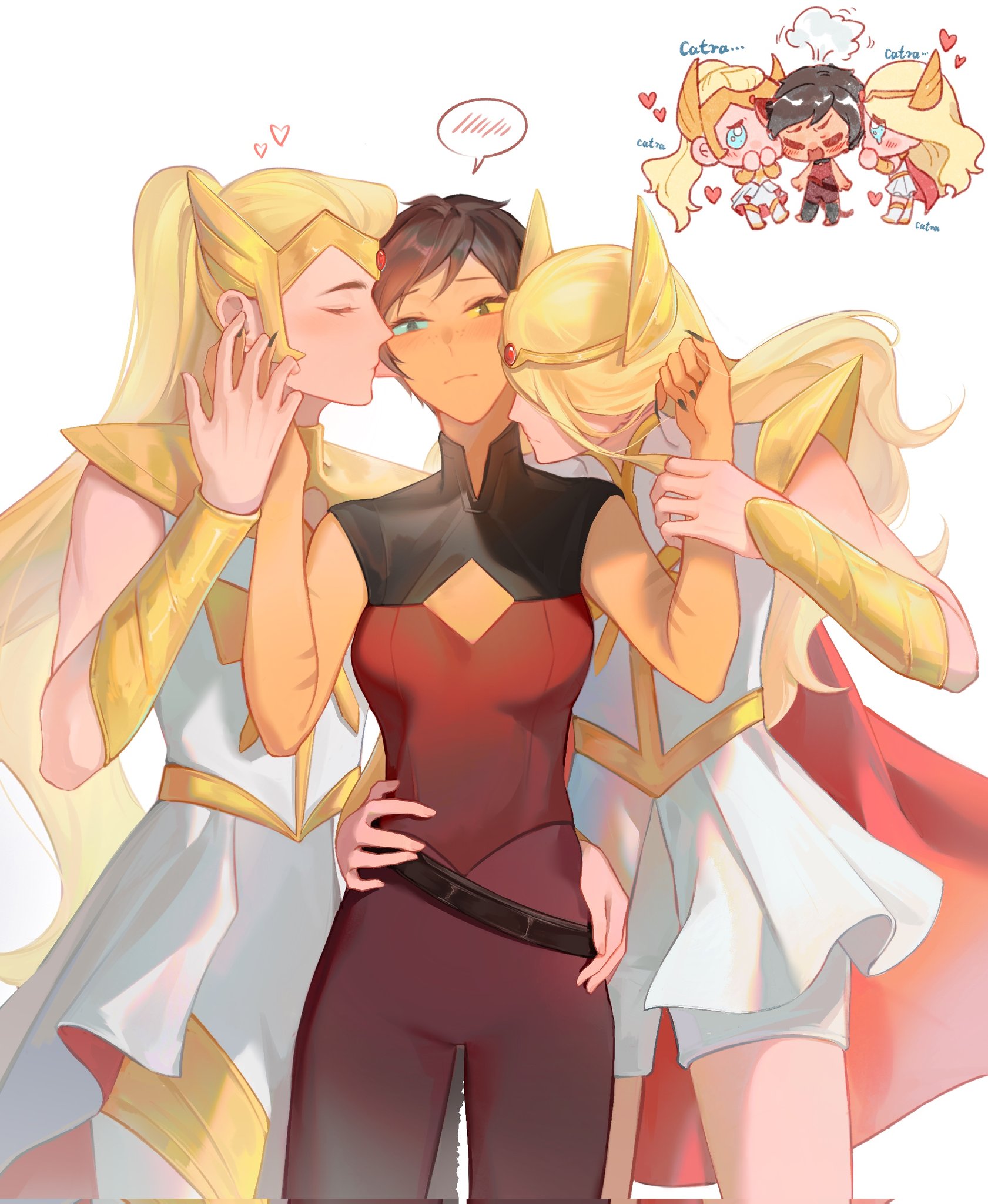 youliqy, adora (she-ra), catra, she-ra, masters of the universe, she-ra and the princesses of power, highres, 3girls, animal ears, armor, blonde hair, bracer, cape, cat ears, cat girl, cat tail, clone harem, dual persona, girl sandwich, long hair, multiple girls, ponytail, sandwiched, shorts, shoulder armor, striped skin, tail, very long hair, yuri