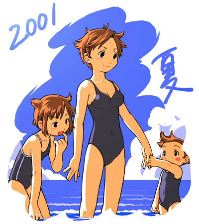 ootsuka shin'ichirou, lowres, 3girls, black eyes, brown hair, multiple girls, ocean, one-piece swimsuit, short hair, swimsuit