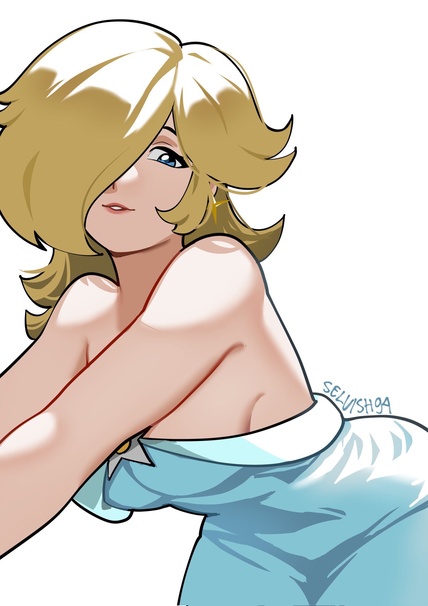 selvish94, rosalina, mario (series), nintendo, super mario galaxy, highres, 1girl, artist name, bare shoulders, blonde hair, blue dress, dress, earrings, grin, hair over one eye, jewelry, lips, long hair, looking at viewer, one eye covered, pink lips, simple background, smile, solo, strapless, strapless dress, white background