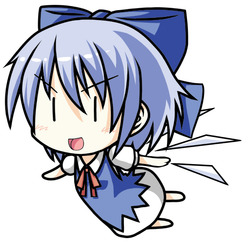 hebereke black, cirno, embodiment of scarlet devil, touhou, bad id, bad pixiv id, lowres, 1girl, chibi, dress, female focus, full body, simple background, solo, white background, wings, | |