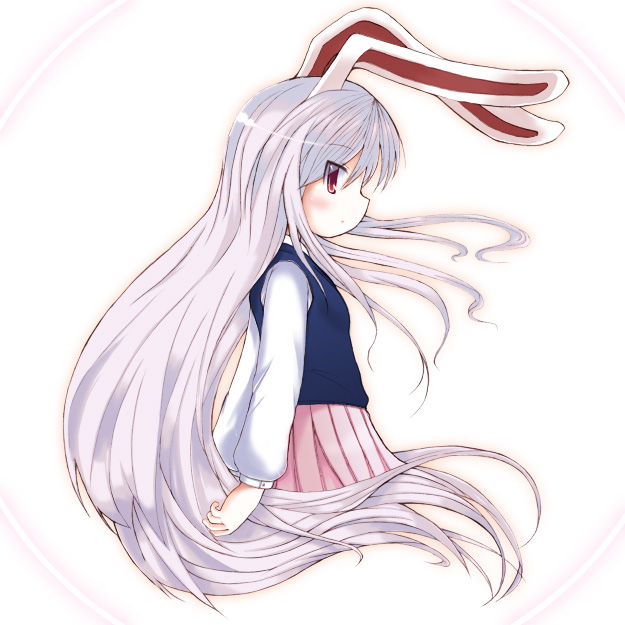 hebereke black, reisen udongein inaba, touhou, bad id, bad pixiv id, 1girl, animal ears, female focus, long hair, pink hair, rabbit ears, red eyes, skirt, solo, very long hair, white background