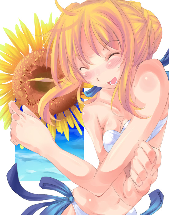 shiranagi, artoria pendragon (fate), saber (fate), fate/stay night, fate (series), 00s, ahoge, bikini, blonde hair, closed eyes, flower, happy, open mouth, ribbon, solo, sunflower, swimsuit