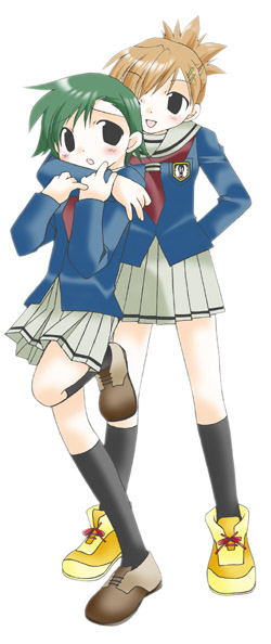 2girls, brown hair, green hair, kneehighs, multiple girls, ponytail, school uniform, serafuku, short hair, simple background, skirt, socks, yuri