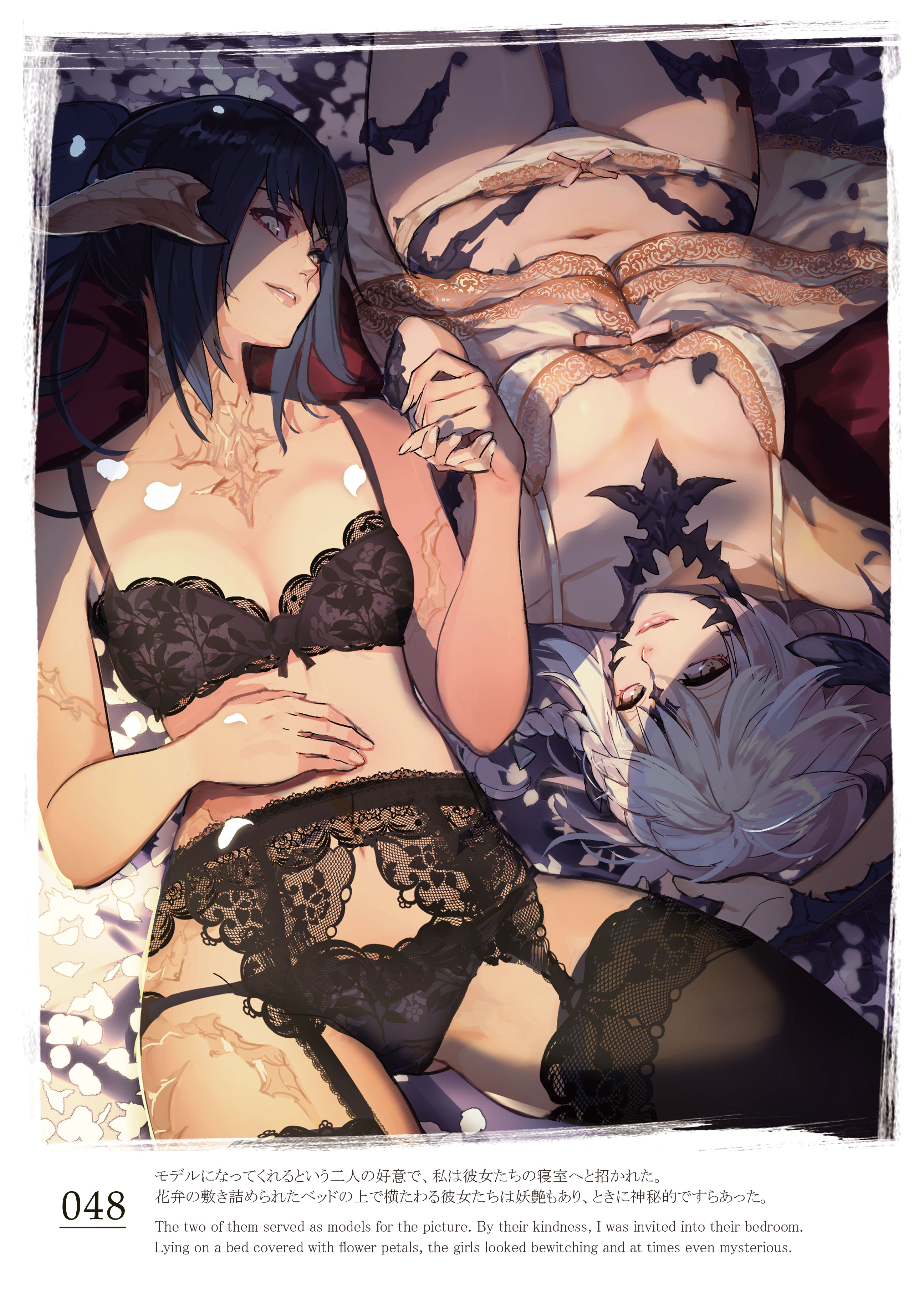 hide (hideout), warrior of light (ff14), final fantasy, final fantasy xiv, absurdres, highres, 2girls, au ra, black bra, black hair, black panties, black scales, black thighhighs, bow, bow panties, bra, braid, breasts, camisole, closed mouth, dragon girl, dragon horns, from above, hand on own stomach, holding hands, horns, lace, lace-trimmed bra, lace-trimmed panties, lace-trimmed thighhighs, lace trim, lingerie, looking at viewer, lying, medium breasts, multiple girls, navel, on back, on bed, panties, parted lips, ponytail, scales, scar, smile, stomach, thighhighs, turning head, underwear, underwear only, upside-down, white camisole, white hair, white panties