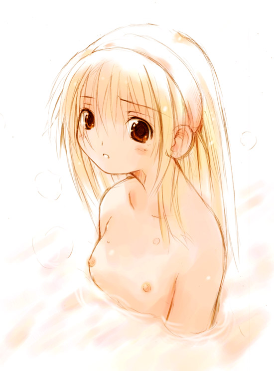 yamane masato, eyebrows, 1girl, bath, blush, collarbone, female focus, flat chest, hairband, long hair, looking at viewer, monochrome, nipples, nude, solo