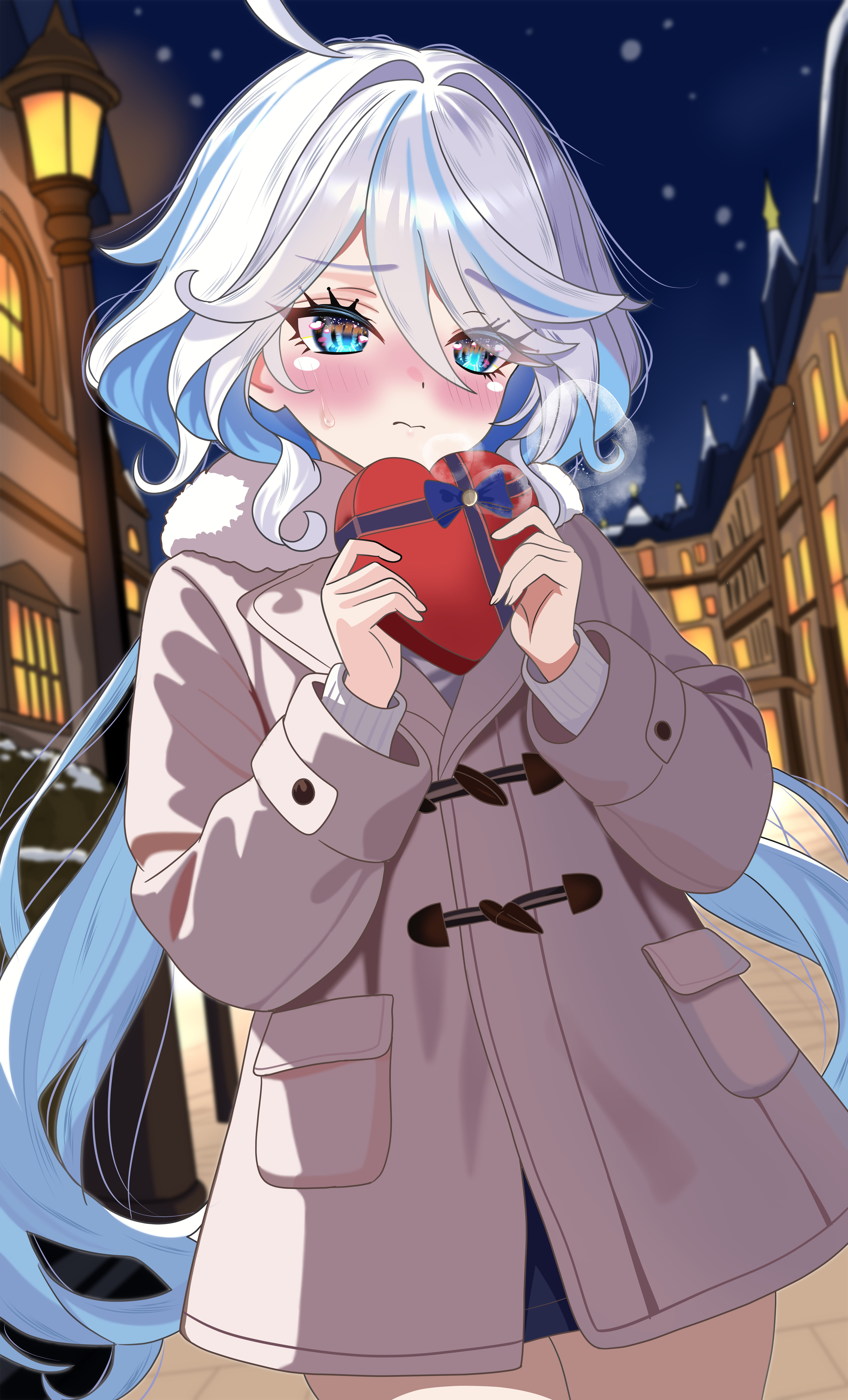 mokyukyu 2339, furina (genshin impact), genshin impact, absurdres, commentary request, highres, 1girl, ahoge, alternate costume, blue eyes, blue hair, blush, box, closed mouth, coat, cowboy shot, duffel coat, fur-trimmed coat, fur trim, gift, gift box, hair between eyes, heart-shaped box, holding, holding box, long sleeves, multicolored hair, night, outdoors, solo, standing, sweatdrop, twintails, valentine, wavy mouth, white hair