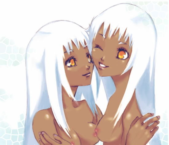 kirschwasser, xenosaga, 00s, 2girls, asymmetrical docking, breast press, breasts, cheek-to-cheek, dark-skinned female, dark skin, eye contact, from side, grin, heads together, hug, long hair, looking at another, multiple girls, nipples, nude, one eye closed, orange eyes, sidelocks, small breasts, smile, upper body, white hair, yuri