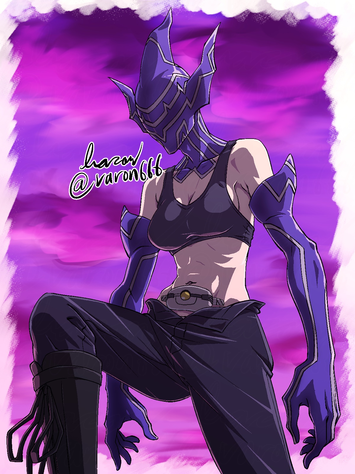 baron (varon666), tokime (fuuto tantei), fuuto tantei, kamen rider, kamen rider w, character request, highres, 1girl, bare shoulders, black bra, black pants, border, bra, breasts, cleavage, cowboy shot, large breasts, navel, pants, purple background, purple mask, solo, twitter username, underwear, white border