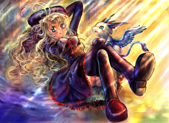digimon, antenna hair, aqua eyes, arms up, blonde hair, blue eyes, blush, crossed legs, digimon (creature), dress, light rays, long hair, lying, on back, open mouth, shoes, smile, solo, sunbeam, sunlight, tail, thighhighs, upskirt, wings