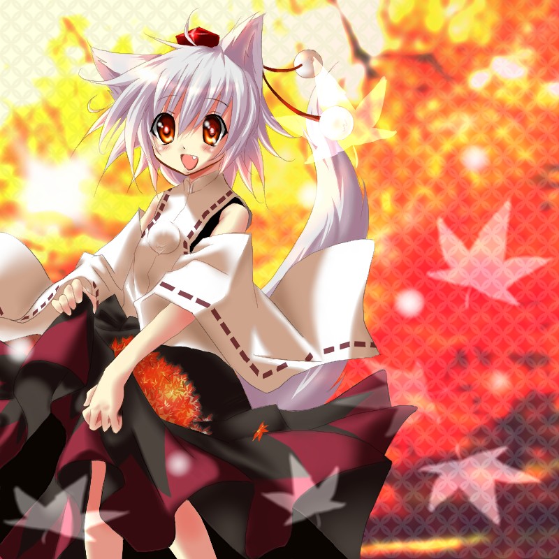 jin (mugenjin), kujou ichiso, inubashiri momiji, touhou, silver hair, bad id, bad pixiv id, 1girl, animal ears, autumn, detached sleeves, fang, female focus, hat, leaf, orange eyes, plant, skirt hold, solo, standing, tail, wolf ears, wolf tail