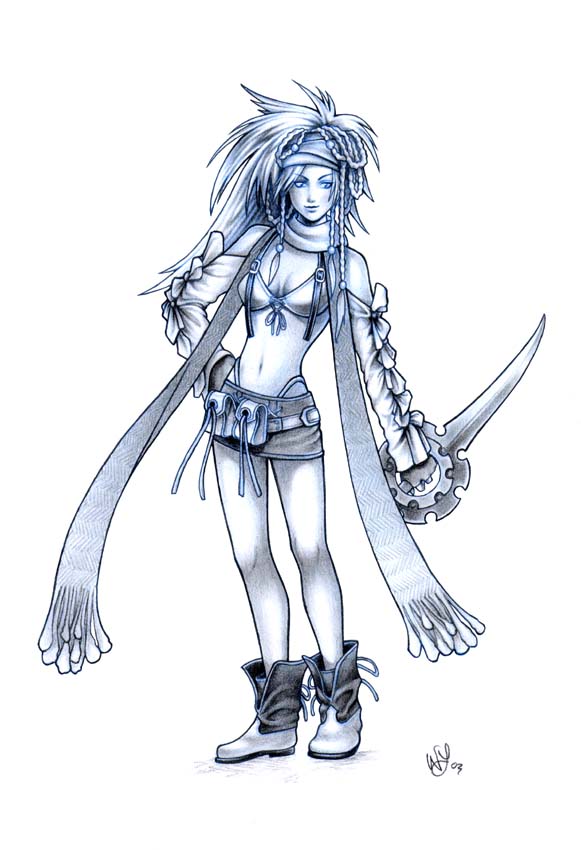 warren, rikku (ff10), final fantasy, final fantasy x, final fantasy x-2, 00s, 1girl, ankle boots, bare shoulders, belt, belt pouch, bikini, bikini top only, blue theme, boots, breasts, cleavage, closed mouth, detached sleeves, female focus, fingerless gloves, full body, gloves, hair bobbles, hair ornament, hand on own hip, headscarf, holding, holding sword, holding weapon, long hair, long sleeves, looking at viewer, medium breasts, miniskirt, monochrome, navel, no socks, pouch, simple background, skirt, smile, solo, standing, stomach, swimsuit, sword, tsurime, weapon, white background