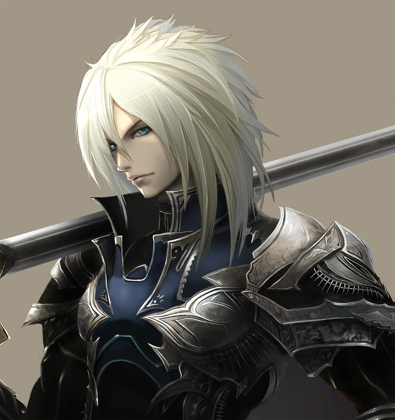 tachikawa mushimaro, leon (sword world), sword world, bad id, bad pixiv id, 1boy, aqua eyes, armor, blonde hair, male focus, short hair, solo, sword, weapon, white hair