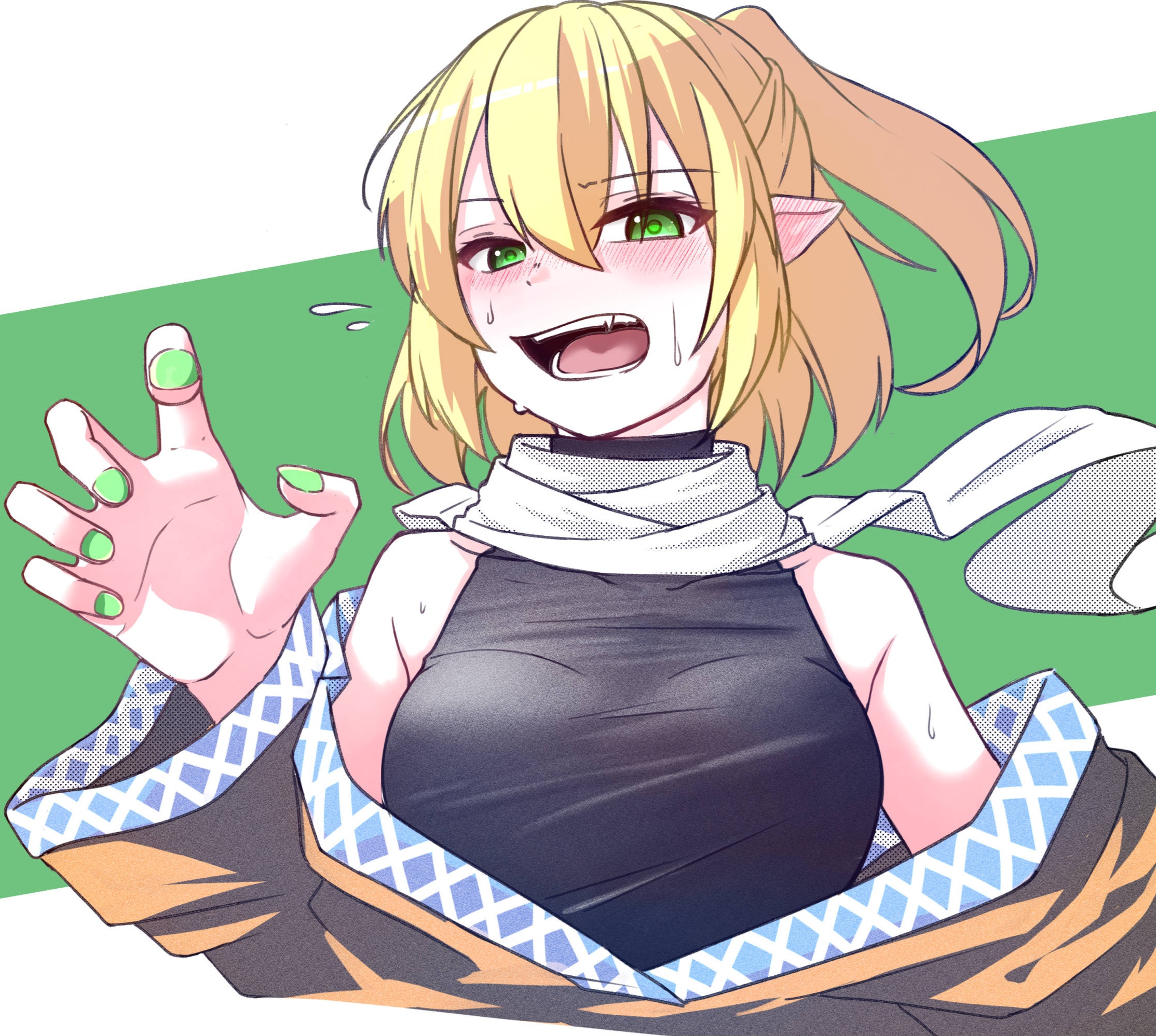 suirium0723, mizuhashi parsee, touhou, highres, 1girl, black shirt, blonde hair, blush, breasts, brown shirt, ear blush, fingernails, green background, green eyes, green nails, hair between eyes, half updo, high ponytail, long bangs, long sleeves, looking at viewer, medium breasts, off shoulder, open mouth, pointy ears, ponytail, scarf, shirt, short hair, sleeveless, sleeveless shirt, solo, teeth, turtleneck, turtleneck shirt, two-tone background, upper body, white scarf