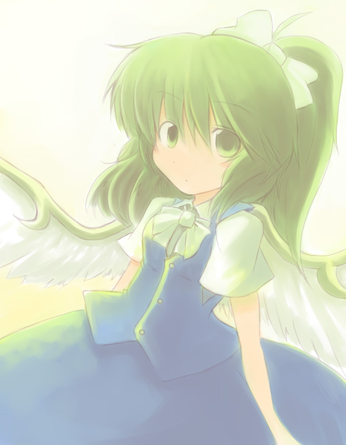 216, daiyousei, embodiment of scarlet devil, touhou, bad id, bad pixiv id, 1girl, bow, female focus, gradient background, green eyes, green hair, hair bow, hair ribbon, matching hair/eyes, ponytail, ribbon, skirt, solo, wings