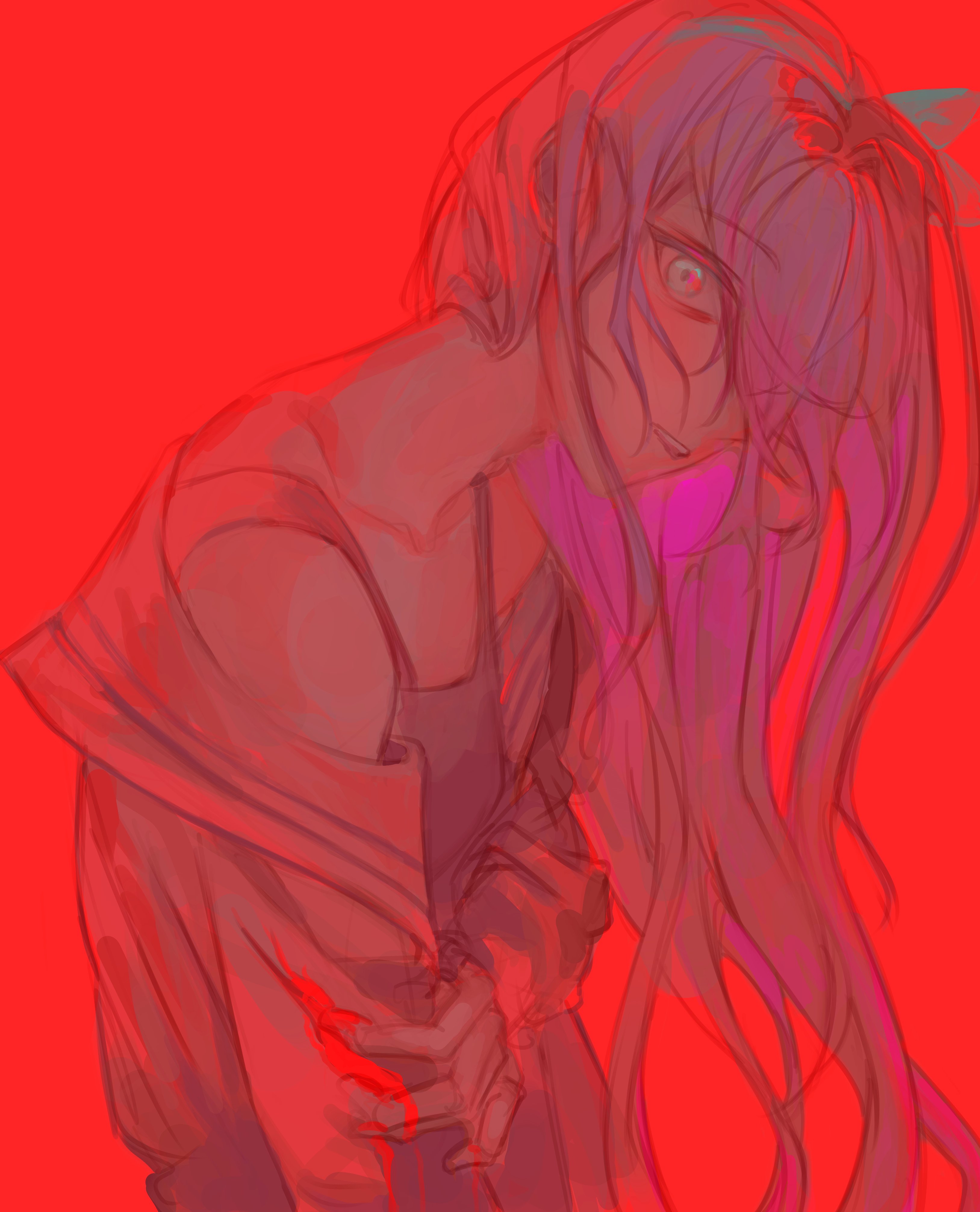 futo (tofuutoufofuto), aubrey (faraway) (omori), aubrey (omori), omori, absurdres, hashtag-only commentary, highres, 1girl, bare shoulders, blue hairband, bow hairband, breasts, camisole, from above, grey camisole, grey eyes, hair over one eye, hairband, hand on own arm, jacket, jacket partially removed, leaning forward, long hair, one eye covered, open clothes, open jacket, open mouth, pink hair, red background, simple background, small breasts, smile, solo, teeth, upper body, upper teeth only, very long hair, white jacket
