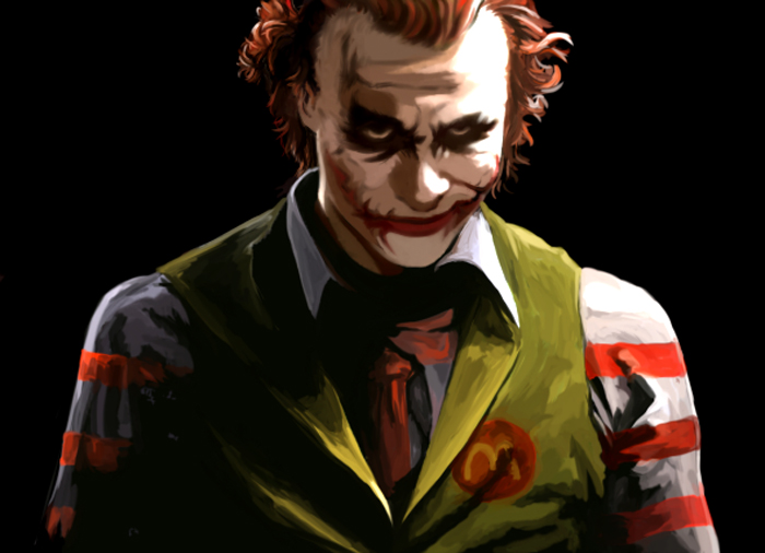 kawanakajima, heath ledger, ronald mcdonald, the joker, batman (series), dc comics, mcdonald's, the dark knight, md5 mismatch, 1boy, black background, glasgow smile, makeup, male focus, parody, realistic, solo
